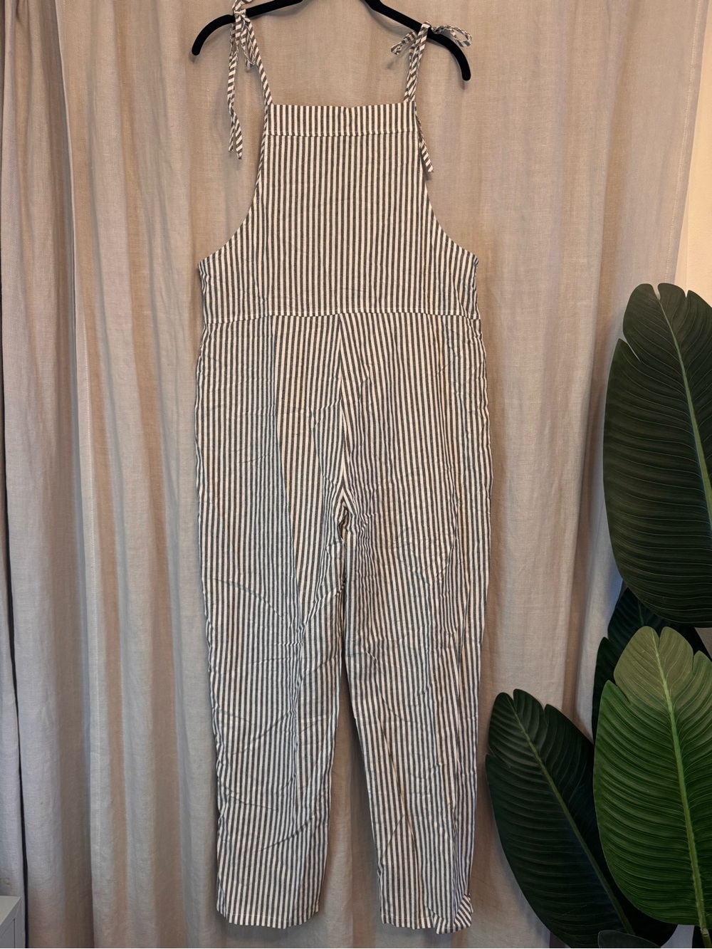 MADEPANTS Striped Cotton Linen Overalls Jumpsuit Gray White Small NWT